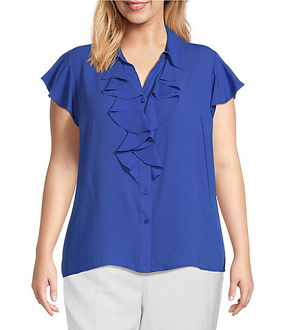 Calvin Klein Plus Size Georgette Point Collar V-Neck Short Sleeve Ruffled Button Front Blouse