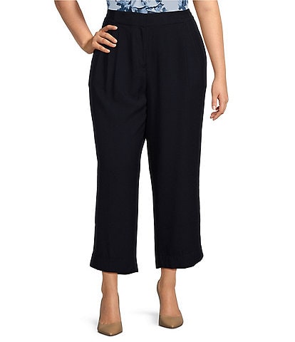 Calvin Klein Plus Size High Rise Pleated Smocked Waist Side Pocket Straight Leg Cropped Pants