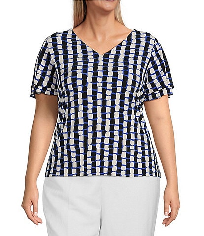Calvin Klein Plus Size Knit Geometric Print V-Neck Short Double Tier Sleeve Top
