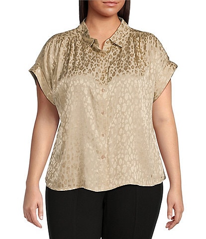 Calvin Klein Plus Size Leopard Jacquard Point Collar Short Cuffed Sleeve Pleated Shoulder Button-Front Blouse