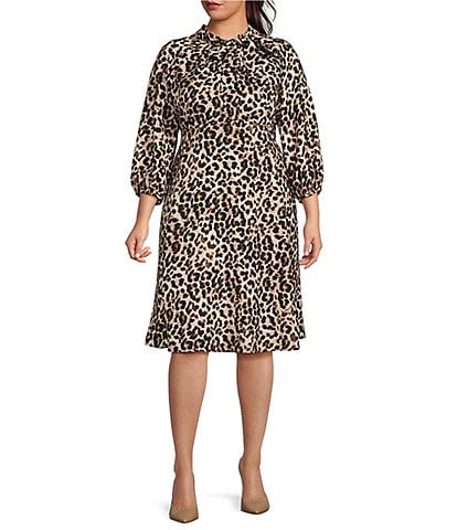 Calvin Klein Plus Size Leopard Print 3/4 Sleeve Tie Mock Neck Crepe Midi Dress