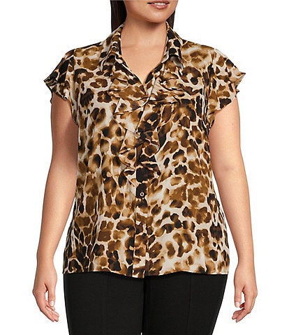 Calvin Klein Plus Size Leopard Print Collared Ruffle Front Cap Sleeve Woven Top