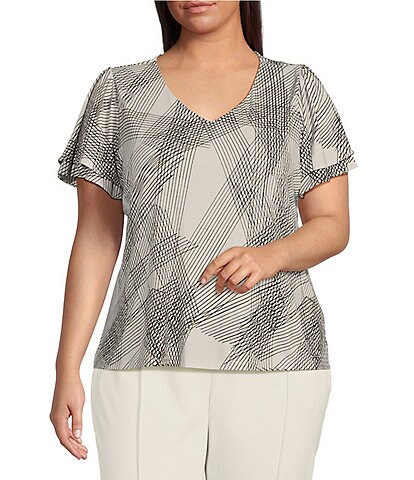 Calvin Klein Plus Size Line Print Matte Jersey V-Neck Double Short Flutter Sleeve Top
