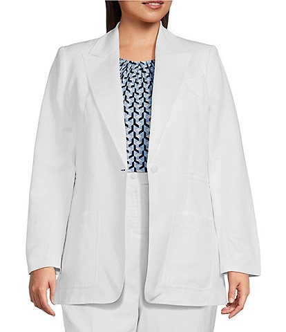 Calvin Klein Plus Size Linen-Blend Peak Lapel Collar Long Sleeve One-Button Jacket