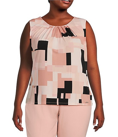Calvin Klein Plus Size Matte Jersey Geometric Print Pleated Neck Sleeveless Cami