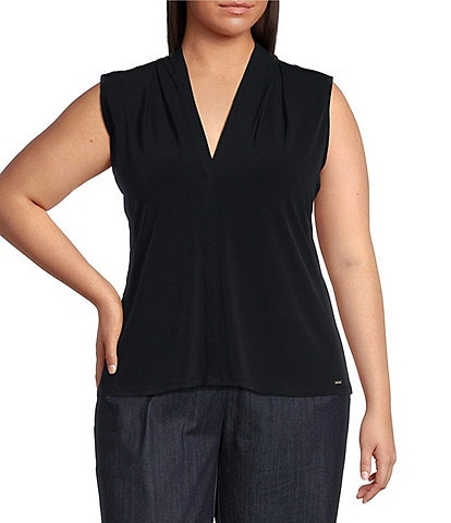 Calvin Klein Plus Size Matte Jersey V-Neck Shoulder Pleat Sleeveless Top