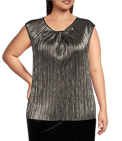 Calvin Klein Plus Size Metallic Woven Twist Crew Neck Cap Sleeve Top