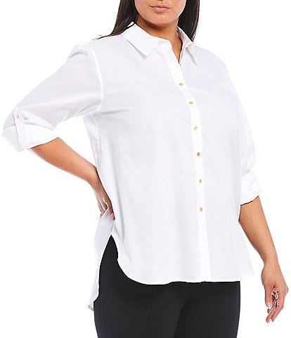 Calvin Klein Plus Size Non-Iron Point Collar Roll-Tab Long Sleeve Cotton High-Low Blouse
