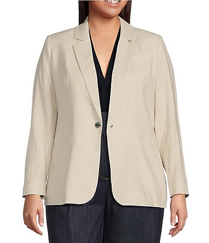 Calvin Klein Plus Size Notch Lapel Long Sleeve One Button Striped Jacket