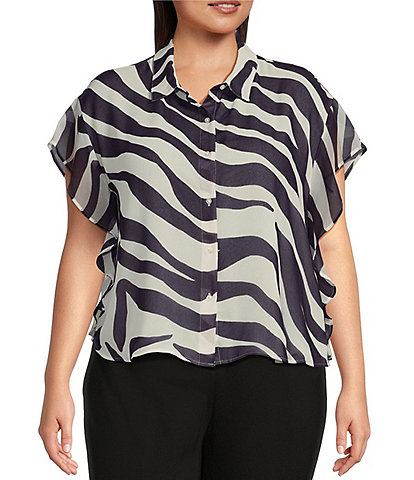 Calvin Klein Plus Size Printed Collared Cap Sleeve Button Front Top