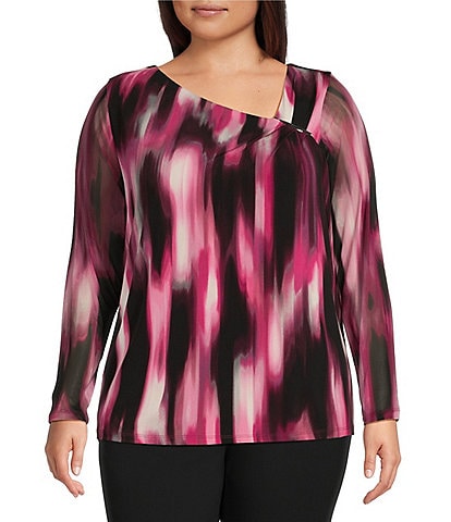 Calvin Klein Plus Size Printed Matte Jersey Asymmetrical Neck Long Sheer Sleeve Fitted Top