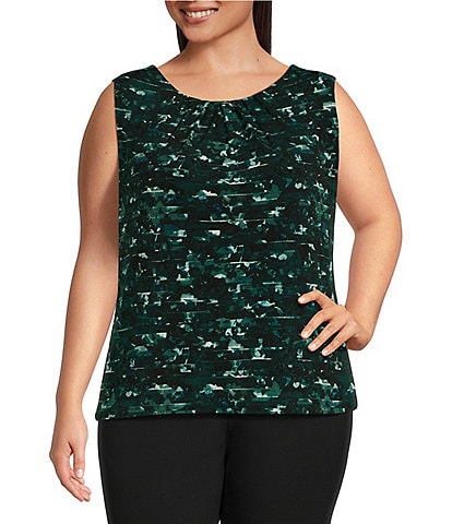 Calvin Klein Plus Size Printed Pleat Crew Neck Sleeveless Cami Top