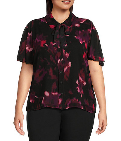 Calvin Klein Plus Size Printed Short Sleeve Flutter Tie Neck Blouse