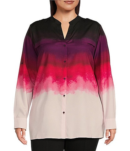 Calvin Klein Plus Size Printed Woven Split V-Neck Long Sleeve Button Front Top