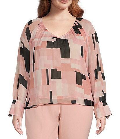 Calvin Klein Plus Size Printed Woven V-Neck Cuffed Long Sleeve Blouse