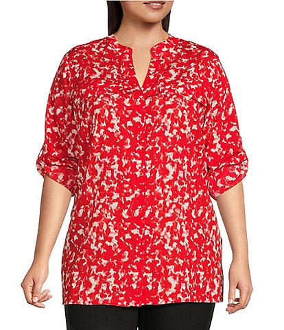 Calvin Klein Plus Size Abstract Print Y-Neck Long Roll-Tab Sleeve Button Front Top