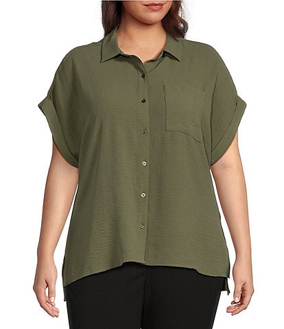 Calvin Klein Plus Size Puckered Woven Short Cuffed Sleeve Button Front Point Collar High-Low Top