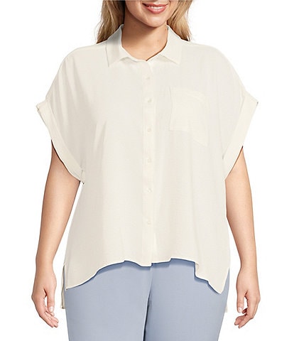 Calvin Klein Plus Size Puckered Woven Short Cuffed Sleeve Button Front Point Collar High-Low Top