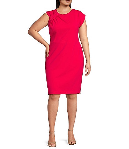 Calvin Klein Plus Size Scuba Crepe Short Sleeve Asymmetrical Neck Sheath Dress
