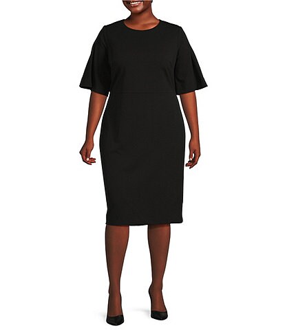 Calvin Klein Plus Size 3/4 Sleeve Asymmetrical Neck Belted Scuba Crepe  Dress