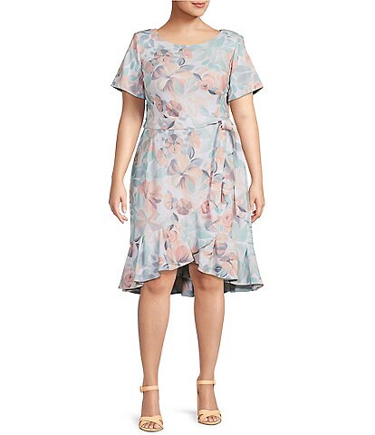 Calvin Klein Plus Size Short Sleeve Round Neck Tie Waist Floral Dress