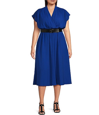 Calvin Klein Plus Size Short Sleeve V-Neck Belted Midi Fit and Flare Dress