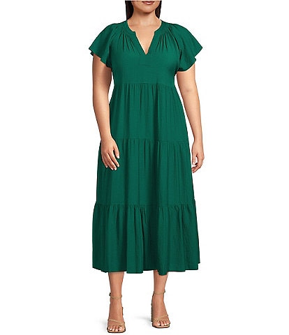 Calvin Klein Plus Size Short Sleeve V-Neck Tiered Skirt Sheath Dress