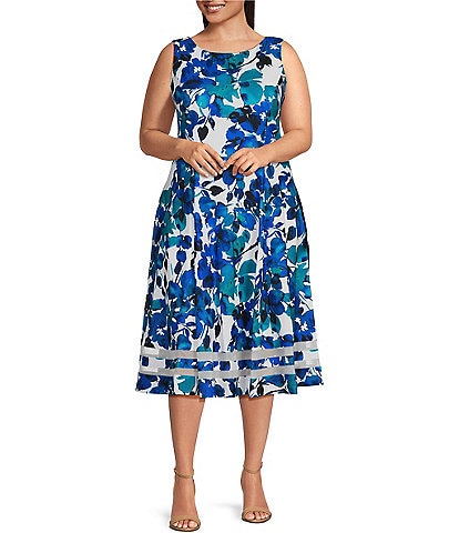 Calvin Klein Plus Size Sleeveless Boat Neck Floral Midi Dress