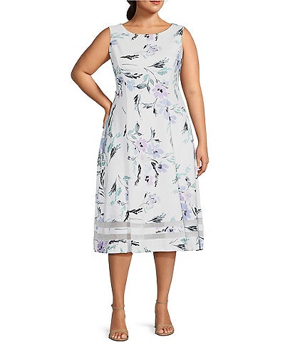 Calvin Klein Plus Size Sleeveless Crew Neck Floral Mesh Cutout Scuba Crepe Dress