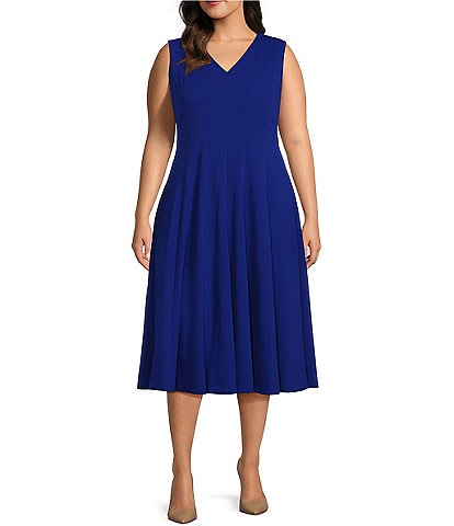 Women Plus Size Elegant V Neck Waisted Long-sleeve Ruffle-sleeve Blue Midi Dress