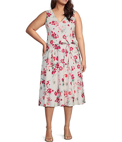 Calvin Klein Plus Size Sleeveless V-Neck Tie Waist Floral Fit And Flare Dress