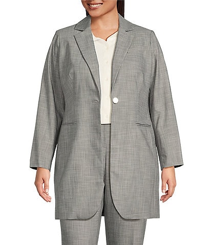 Calvin Klein Plus Size Stretch Heathered Woven Notch Lapel Collar Long Sleeve One-Button Long Jacket