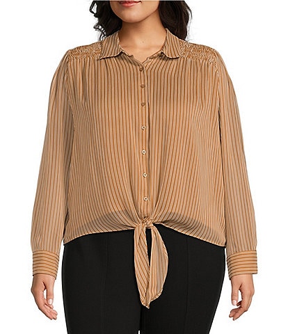 Calvin Klein Plus Size Stripe Point Collar Smocked Shoulder Long Sleeve Button Tie-Front Blouse