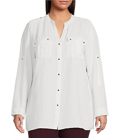 Calvin Klein Plus Size Textured Woven Split V-Neck Roll-Tab Sleeve Button Front Top