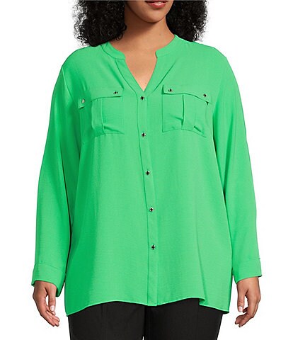 Calvin Klein Plus Size Textured Woven Split V-Neck Roll-Tab Sleeve Button Front Top