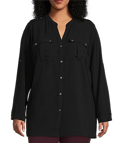 Calvin Klein Plus Size Textured Woven Split V-Neck Long Roll-Tab Sleeve Button Front Top