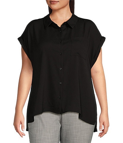 Calvin Klein Plus Size Woven Point Collar Short Sleeve Button-Front Pocket Top