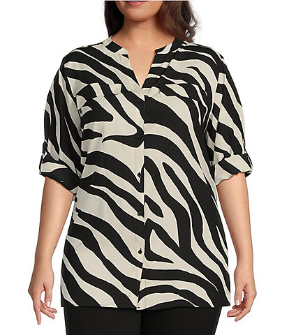 Calvin Klein Plus Size Zebra Print Crepe de Chine Y-Neck Long Sleeve Button Front Top