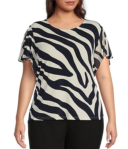 Calvin Klein Plus Size Zebra Print Mesh Round Neck Short Flutter Sleeve Top