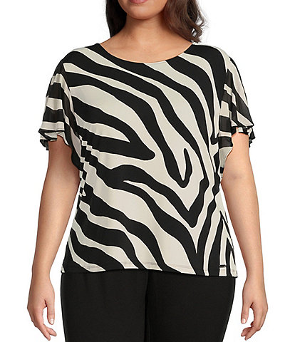 Calvin Klein Plus Size Zebra Print Mesh Round Neck Short Flutter Sleeve Top