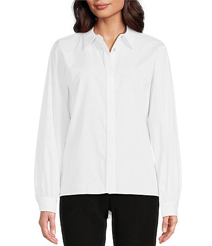 Calvin Klein Point Collar Long Sleeve High-Low Button Front Blouse