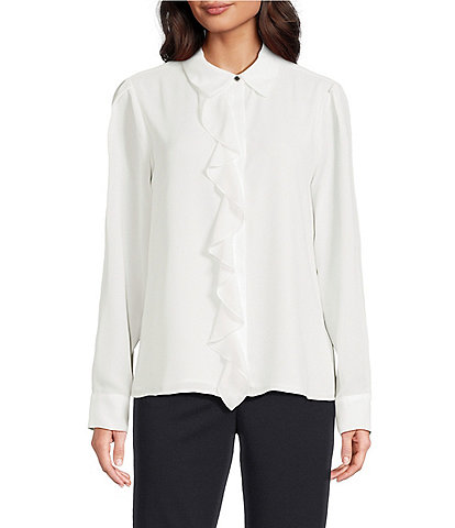 Calvin Klein Point Collar Long Sleeve Ruffle Button Front Blouse