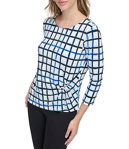 Calvin Klein Printed 3/4 Sleeve Grid Print Asymmetrical Hem Cinched Side Knit Top