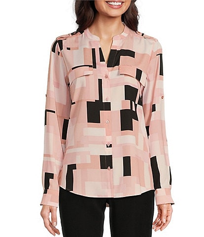 Calvin Klein Printed Banded Collar Split V-Neck Long Roll Tab Sleeve Chest Pocket Button Front Blouse