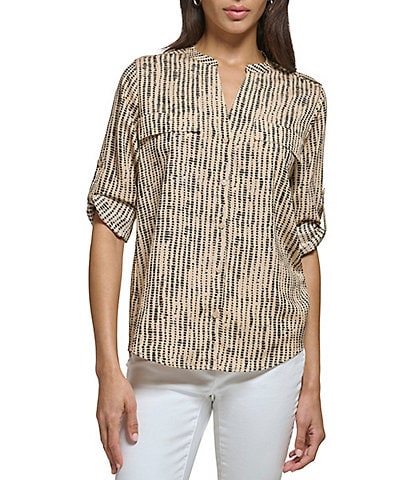 Calvin Klein Printed CDC Split V-Neck Long Roll-Tab Sleeve Button front Top