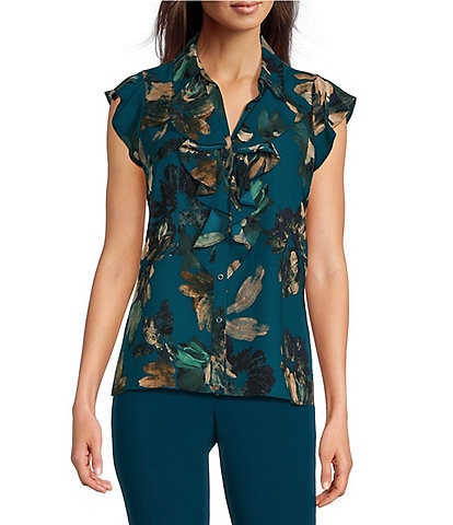 Calvin Klein Printed Chiffon Collared Short Sleeve Ruffle Button Front Blouse