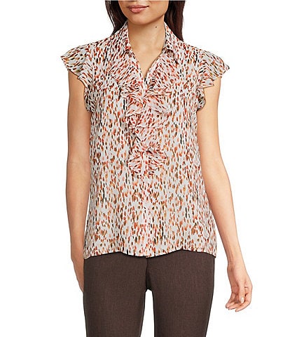 Calvin Klein Printed Chiffon Point Collar Cap Sleeve Ruffle Button Front Blouse
