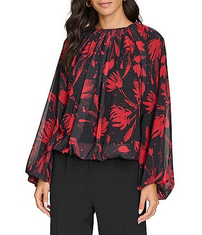 Calvin Klein Printed Chiffon Shirred Neck Long Bubble Sleeve Blouse