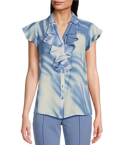 Calvin Klein Printed Collared Cascading Ruffle Front Flutter Cap Sleeve Button Front Blouse