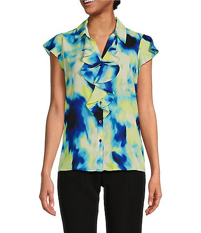 Calvin Klein Printed Collared Ruffle Front Cap Sleeve Button Front Top